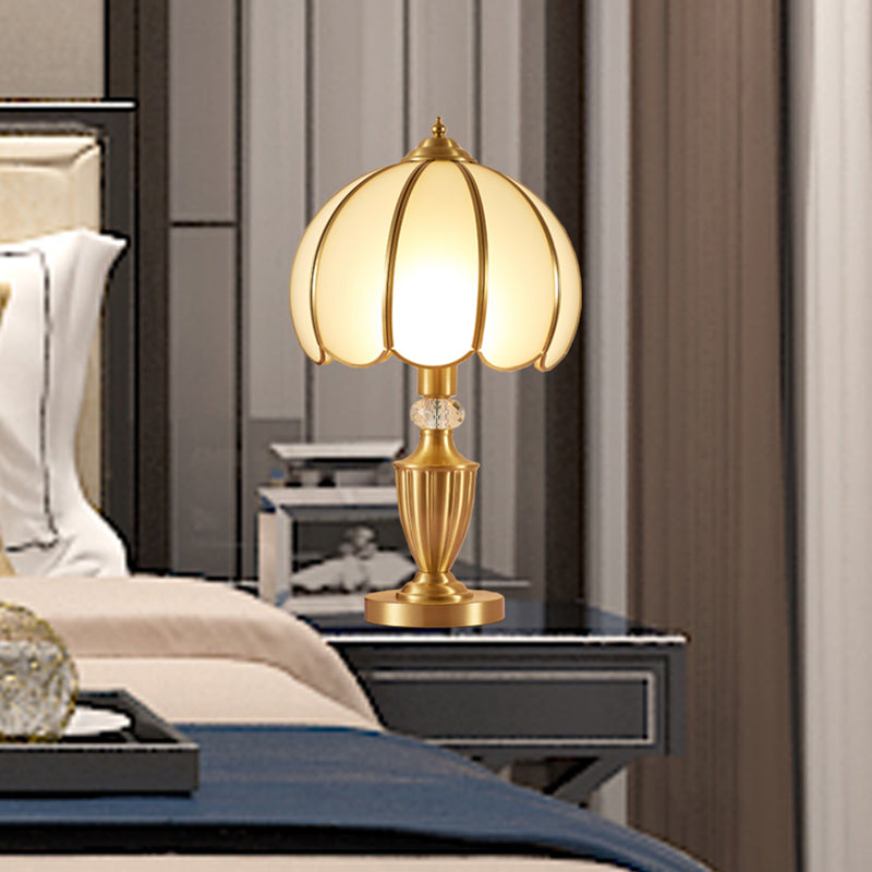 Vintage White Glass Table Lamp With Scalloped Edge - Elegant Bedside Night Light Brass