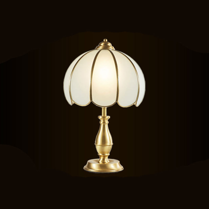 Traditional Brass Bedside Table Lamp With Dome White Glass Shade