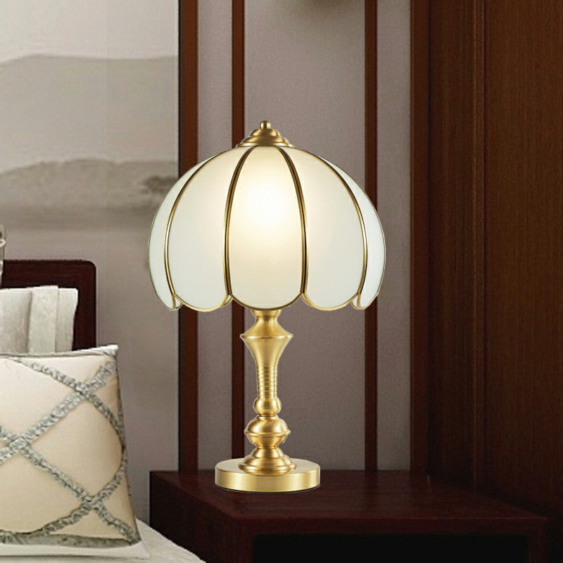 Vintage Style Brass Nightstand Lamp With Scalloped Opaque Glass Ideal For Bedroom Table Light