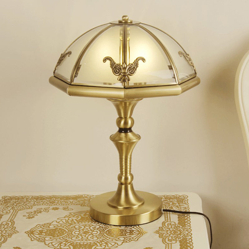 Colonial Style Brass Cap Shaped Frosted Glass Table Lamp With 3 Bulbs - Perfect For Bedroom Night