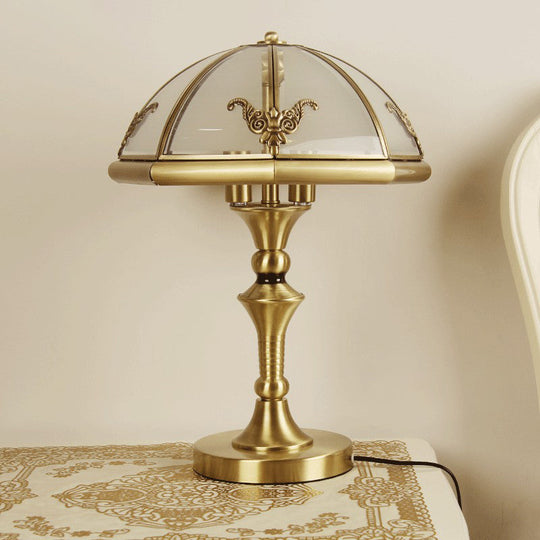 Colonial Style Brass Cap Shaped Frosted Glass Table Lamp With 3 Bulbs - Perfect For Bedroom Night
