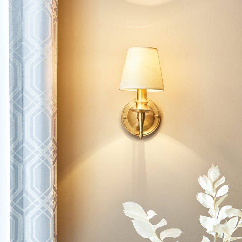Modern Gold Bedroom Wall Sconce With Fabric Shade - Single-Bulb Light