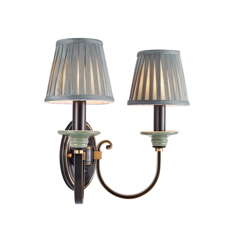 Contemporary Metal Arched Wall Light: 1 Head Black Sconce With Tapered Pleated Fabric Shade 2 /