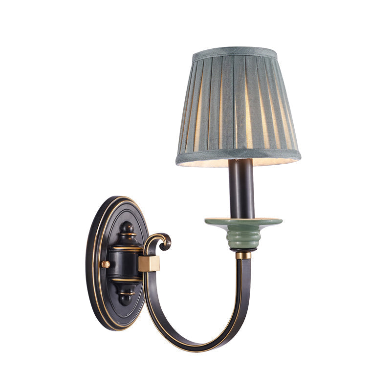 Contemporary Metal Arched Wall Light: 1 Head Black Sconce With Tapered Pleated Fabric Shade /