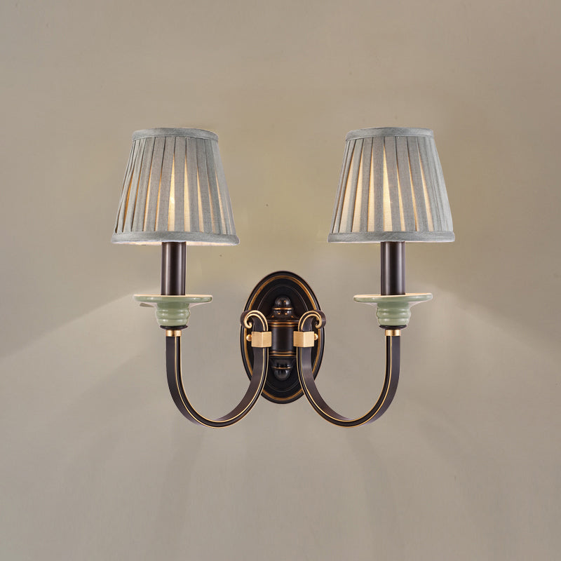 Contemporary Metal Arched Wall Light: 1 Head Black Sconce With Tapered Pleated Fabric Shade