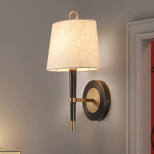 Minimalist Black-Brass Wall Sconce Light: Fabric Taper Lamp For Corridor