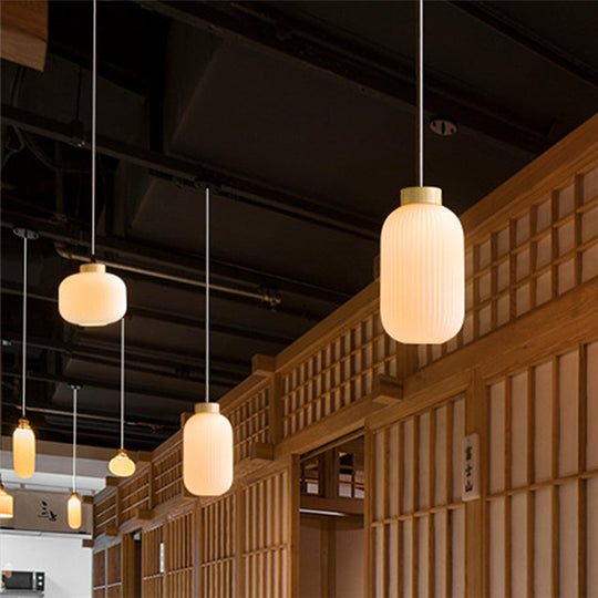 Modern Asian 1-Light Paper Pendant Lamp - White Capsule/Drum Design Corridor Lighting 5.5/8/12 Wide