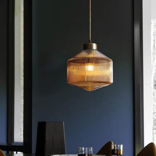 Modern Clear/Amber/Smoke Grey Prismatic Glass 1-Light Drum Pendant Ceiling Lamp
