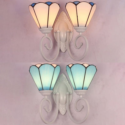 Modern Tiffany Cone Wall Lamp - White Finish Stained Glass With 2 Lights White/Blue