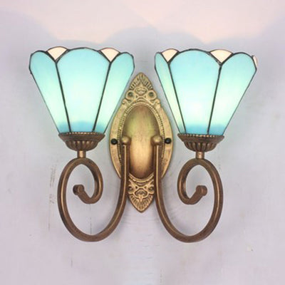 Vintage Stained Glass Conical Sconce Light - White/Blue 2 Lights Ideal For Bedroom Wall Mounting