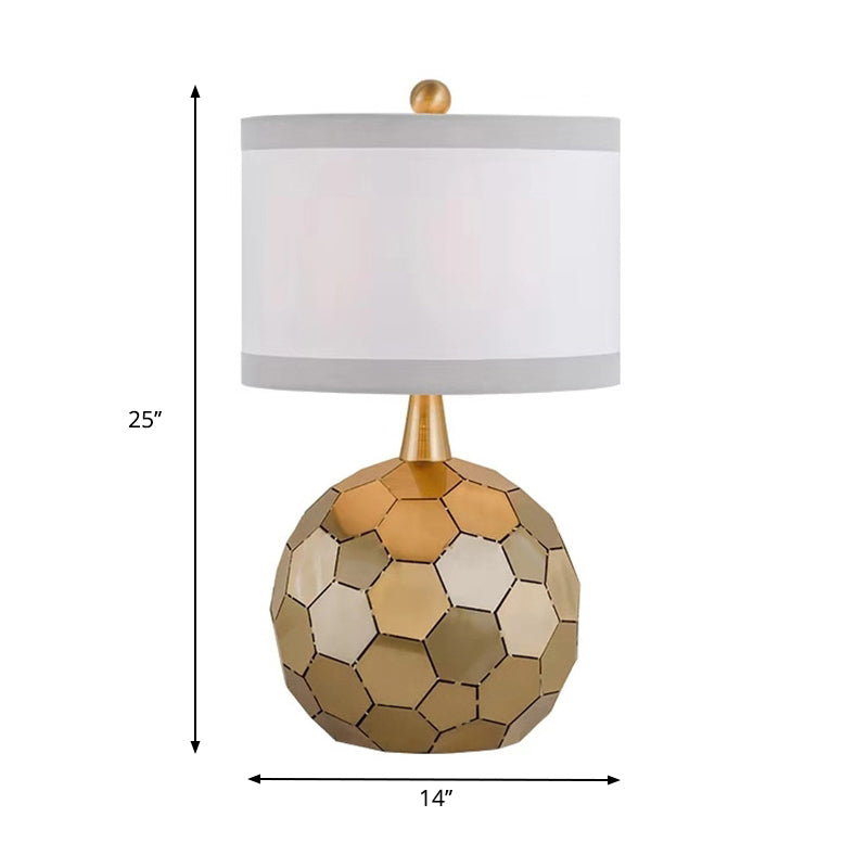 Traditional Globe Metal Desk Lamp - Brass 1-Head Reading Light With White Fabric Shade