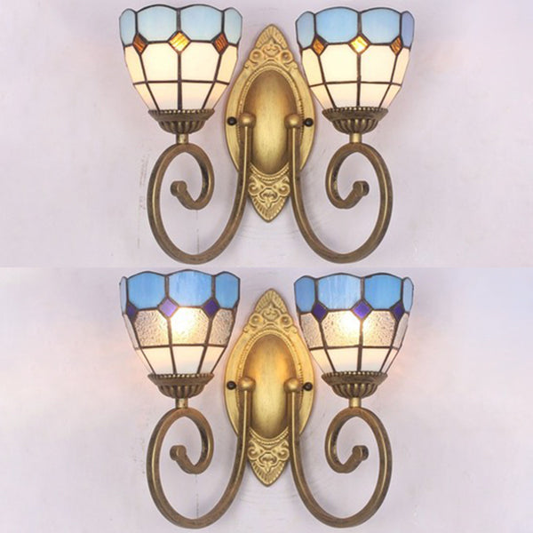 Mediterranean Stained Glass Wall Sconce With Dual Head Bowl Lighting In White/Clear For Living Room