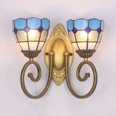 Mediterranean Stained Glass Wall Sconce With Dual Head Bowl Lighting In White/Clear For Living Room