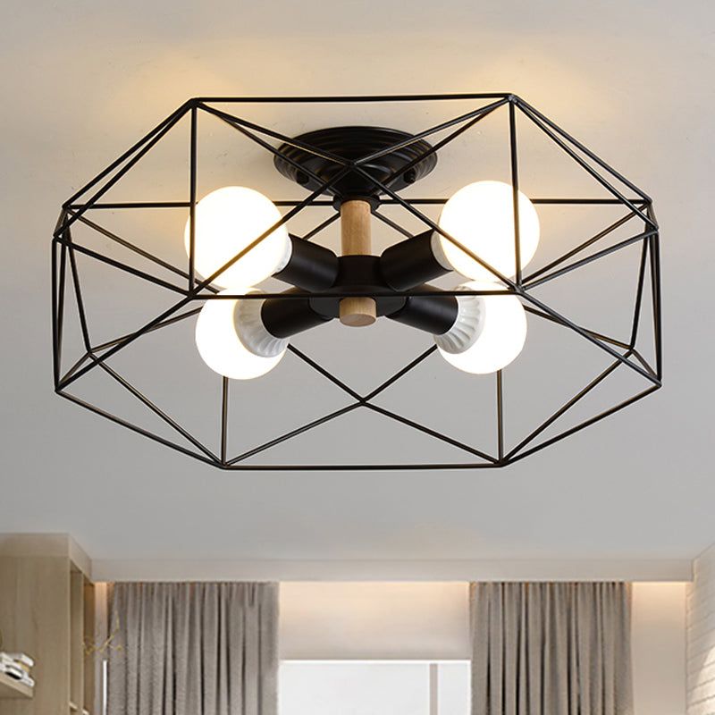 Contemporary Geometric Semi Flush Mount Light With Wire-Cage Shade - 3/4/5 Options
