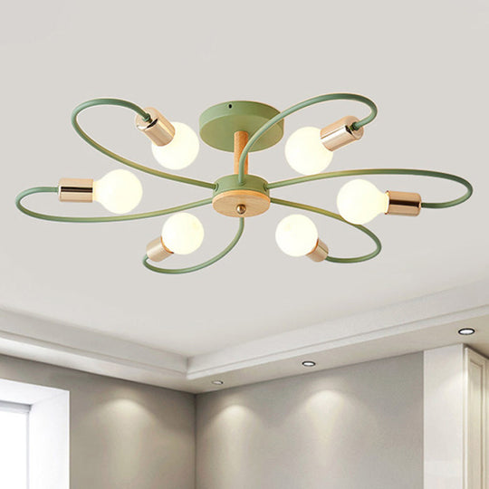 Contemporary Sputnik Semi Flush Lamp With Curved Arm - 3/6/8 Lights Grey/Green Metal Finish 6 /