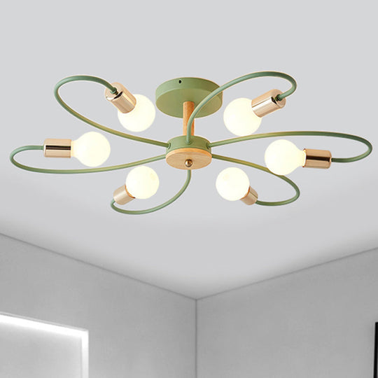 Contemporary Sputnik Semi Flush Lamp With Curved Arm - 3/6/8 Lights Grey/Green Metal Finish