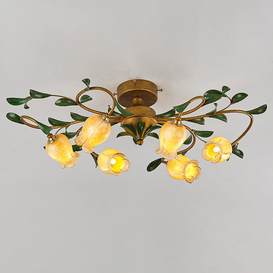 Pastoral Dining Room Glow: 6-Head Glass Pomegranate Flower Semi-Flush Mount Ceiling Light Yellow