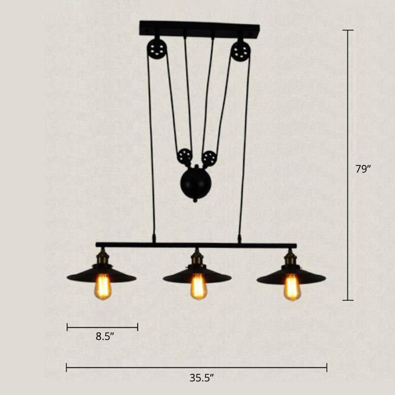 Industrial Black Wide Flare Pulley Pendant Light For Restaurant - 3 Bulb Hanging Island Fixture