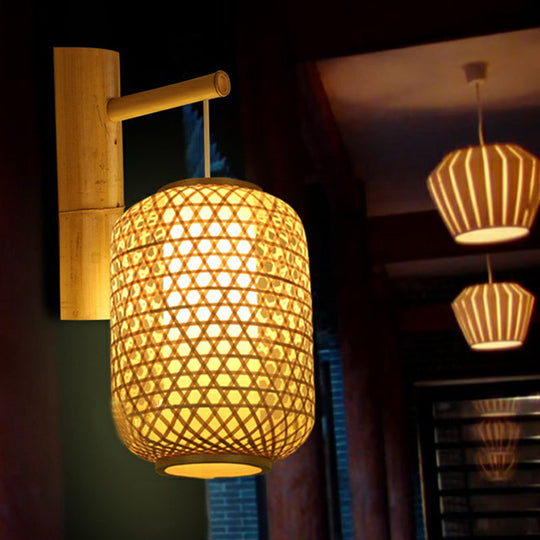 Bamboo Weaving Lantern Wall Sconce - Chinese Style Wood Hanging Light For Corridor