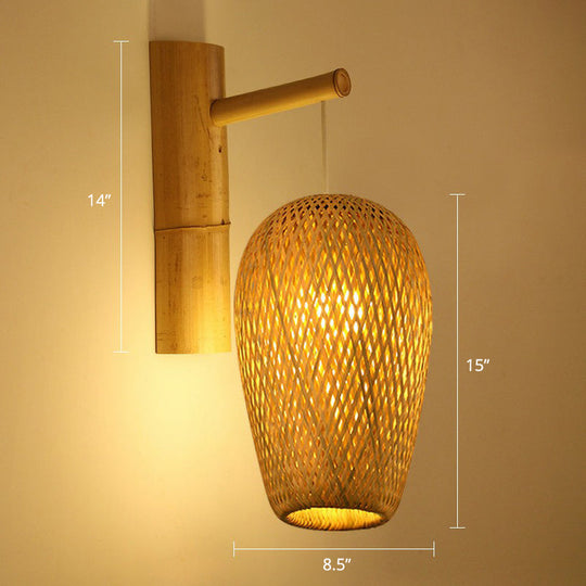 Bamboo Weaving Lantern Wall Sconce - Chinese Style Wood Hanging Light For Corridor / Long Column