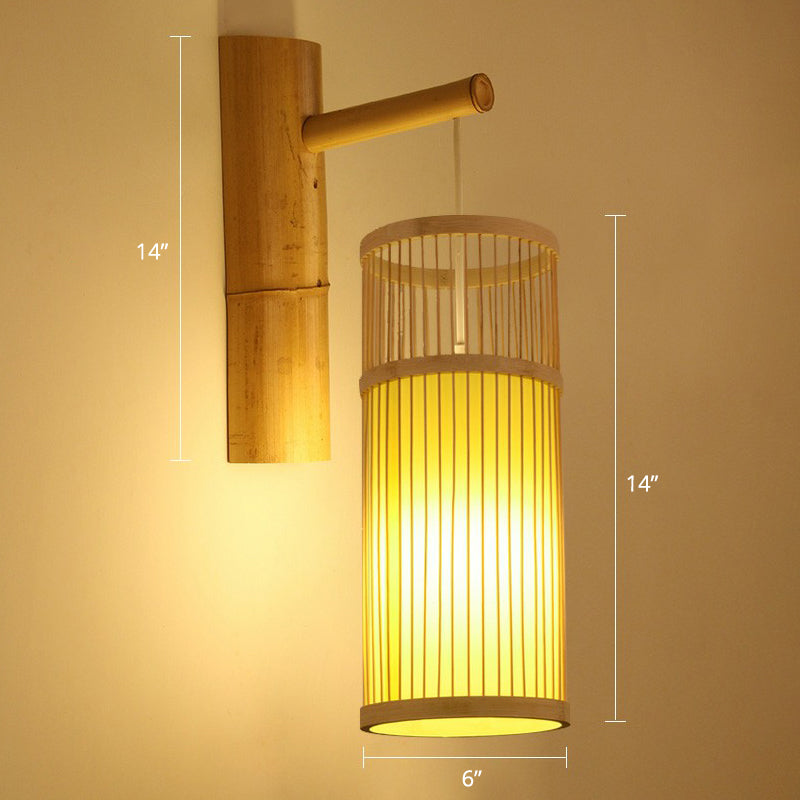 Bamboo Weaving Lantern Wall Sconce - Chinese Style Wood Hanging Light For Corridor / Cylinder