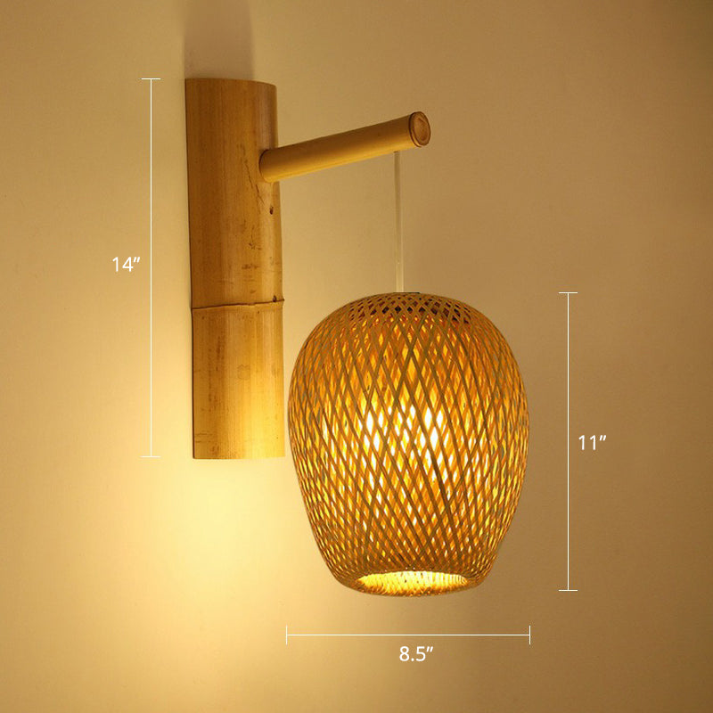 Bamboo Weaving Lantern Wall Sconce - Chinese Style Wood Hanging Light For Corridor / Oval