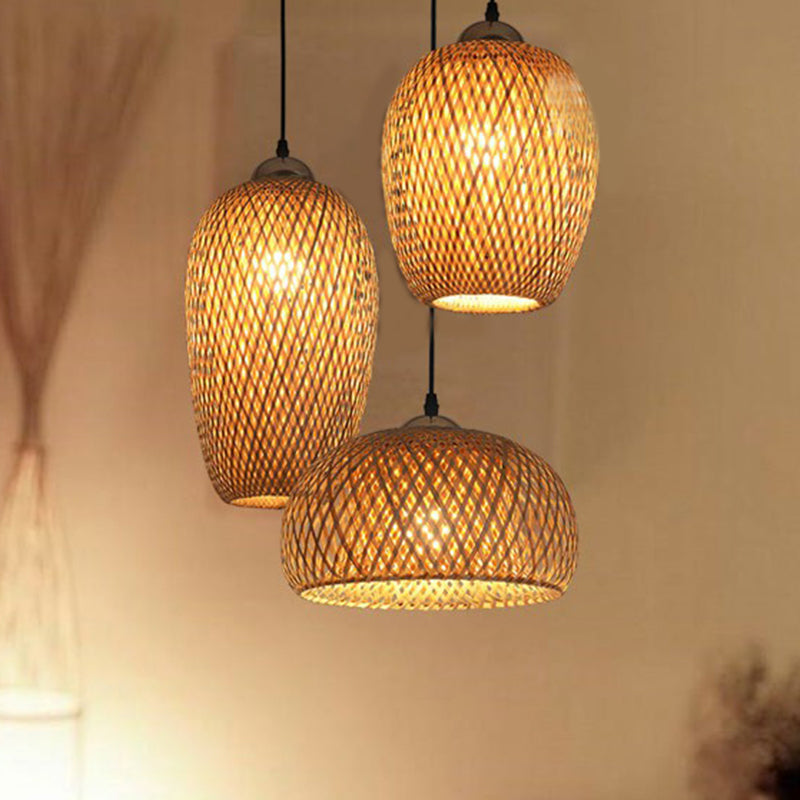 South-East Asian Bamboo Pendant Light with 3 Handmade Shades for Restaurant Ambiance