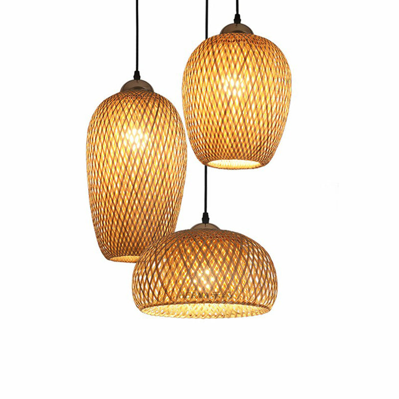 South-East Asia Wood Pendant Light With Handmade Bamboo Shades - Elegant 3-Light Restaurant Hanging