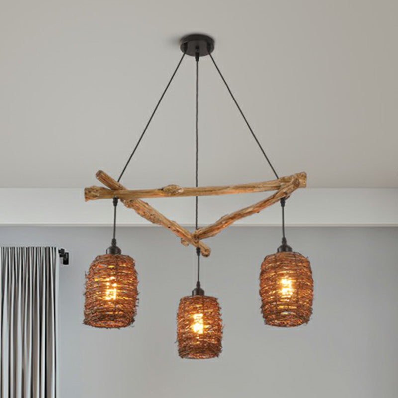 Nordic 3-Bulb Island Light Brown Branch Pendant With Wooden Shade - Perfect For Bedrooms