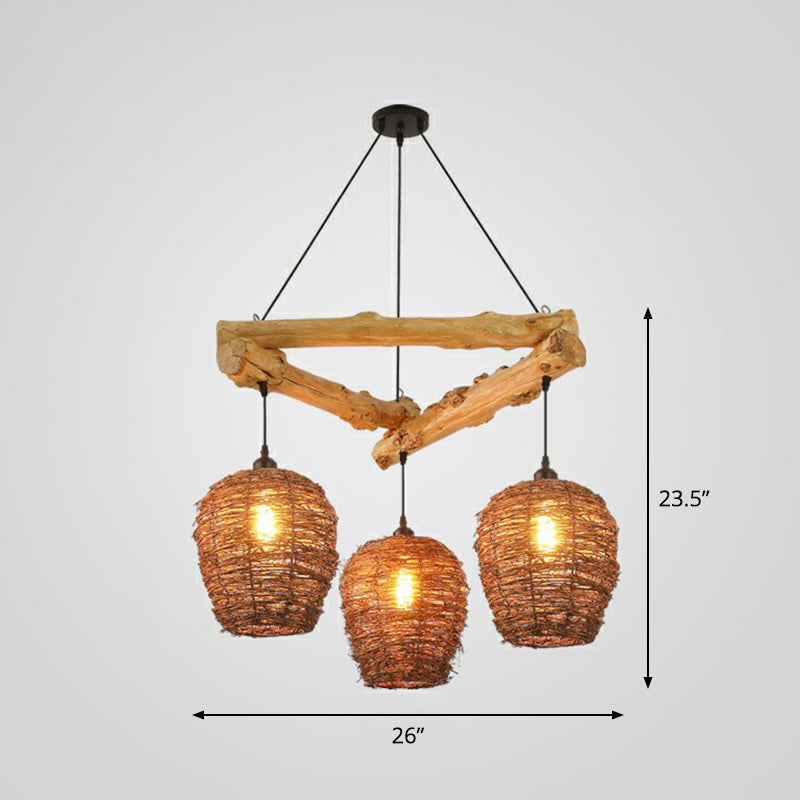 Nordic 3-Bulb Island Light Brown Branch Pendant With Wooden Shade - Perfect For Bedrooms Wood / 26