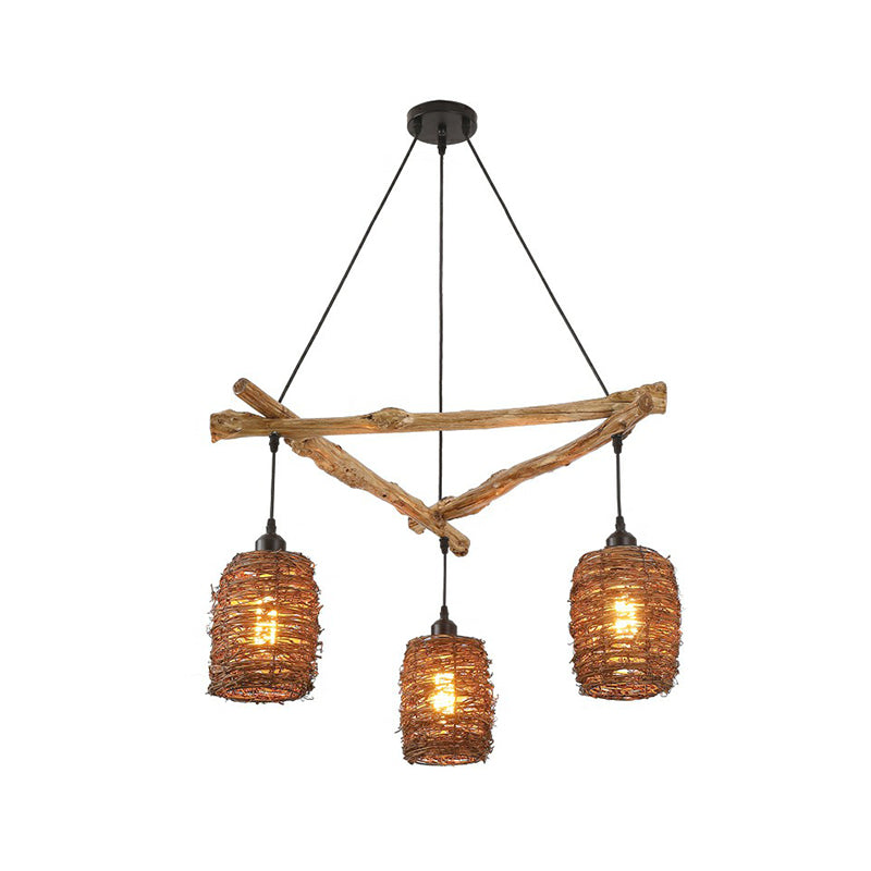 Nordic 3-Bulb Island Light Brown Branch Pendant With Wooden Shade - Perfect For Bedrooms