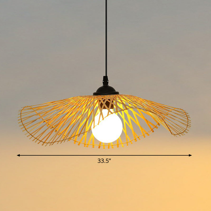 Chinese Style Bamboo Ceiling Pendant Light With Lotus Leaf Design Wood / 33.5