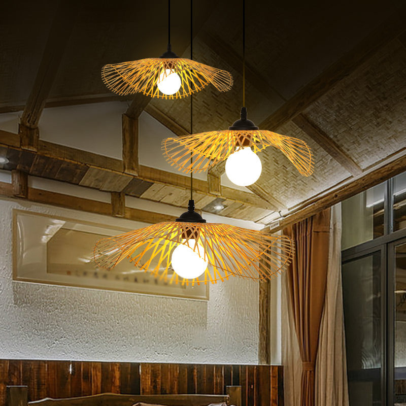 Chinese Style Bamboo Ceiling Pendant Light With Lotus Leaf Design