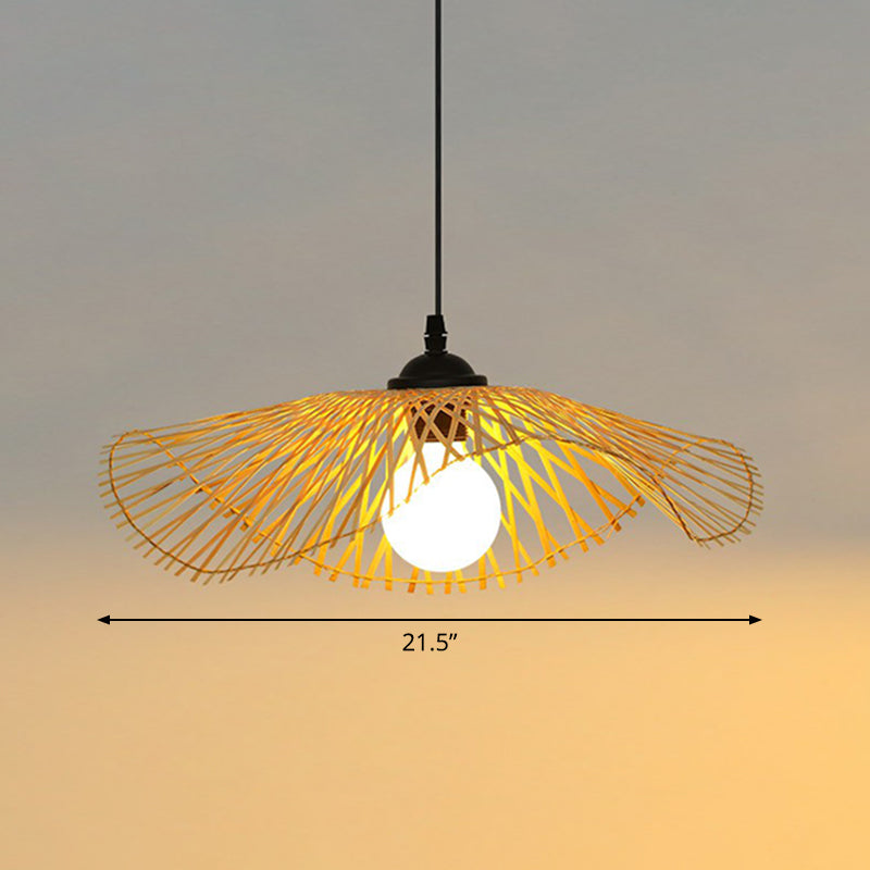 Chinese Style Bamboo Ceiling Pendant Light With Lotus Leaf Design Wood / 21.5
