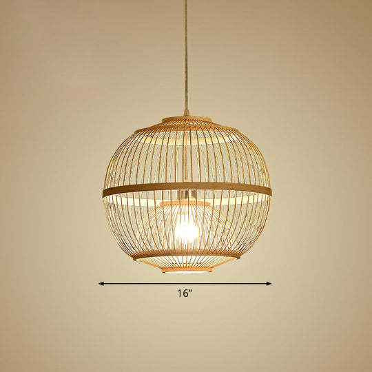 Nordic Bamboo Pendant Lamp - Wood Rounded Cage Suspension Light For Dining Room / 16