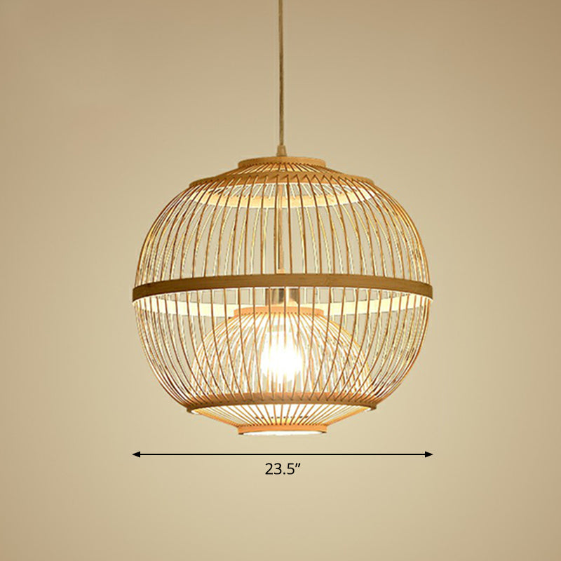 Nordic 1-Head Bamboo Pendant Lamp - Wood Cage Suspension Light for Dining Room