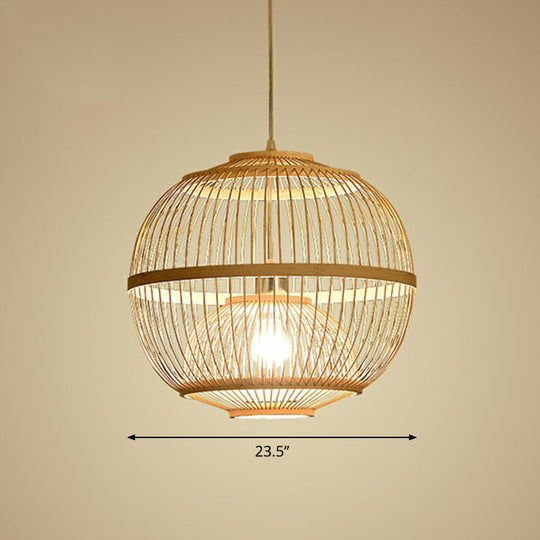 Nordic Bamboo Pendant Lamp - Wood Rounded Cage Suspension Light For Dining Room / 23.5