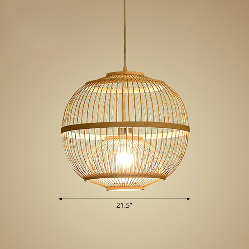 Nordic Bamboo Pendant Lamp - Wood Rounded Cage Suspension Light For Dining Room / 21.5