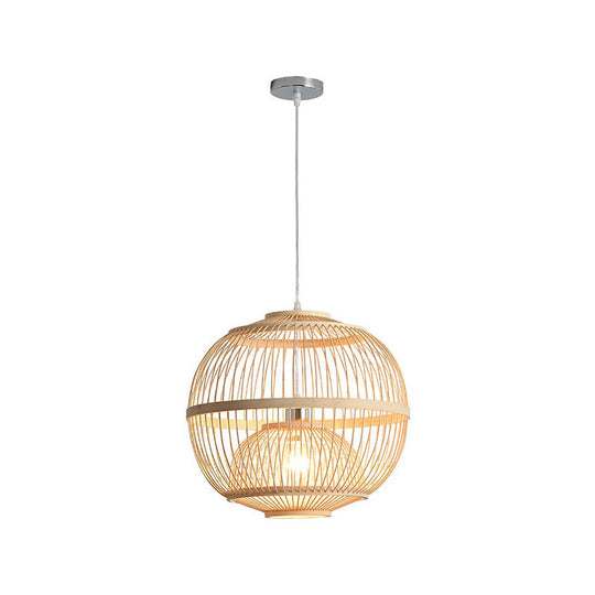 Nordic Bamboo Pendant Lamp - Wood Rounded Cage Suspension Light For Dining Room