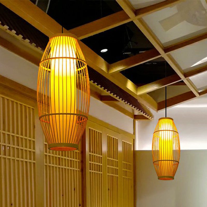 Wooden Barrel Shaped Asian Pendant Light - Bamboo 1 Bulb Restaurant Hanging Lighting