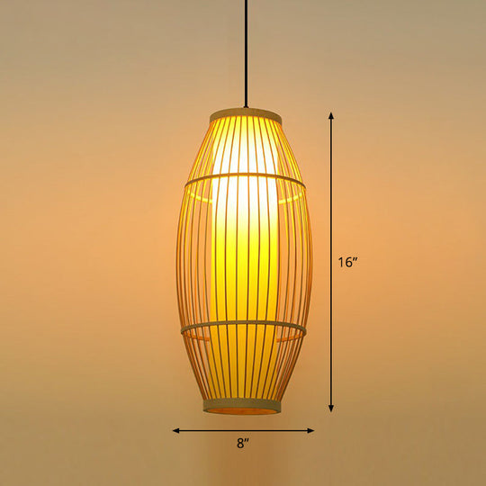 Bamboo Barrel Asian Pendant Light for Restaurants - Wood Finish with 1 Bulb
