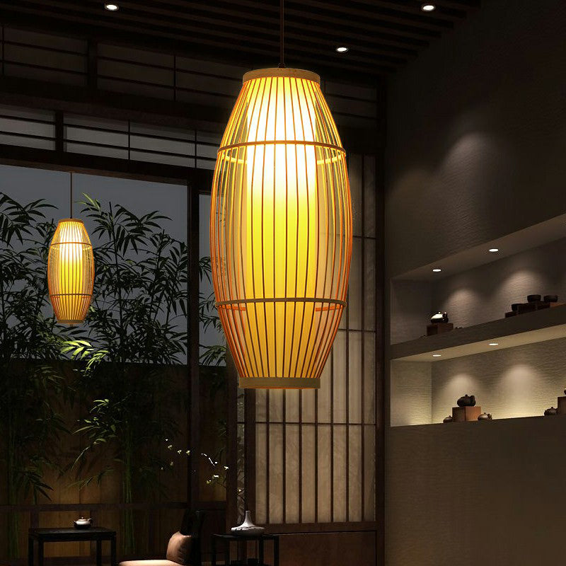 Wooden Barrel Shaped Asian Pendant Light - Bamboo 1 Bulb Restaurant Hanging Lighting