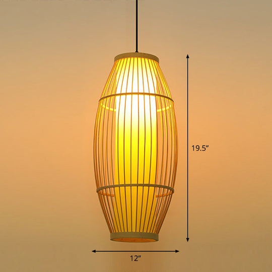 Bamboo Barrel Asian Pendant Light for Restaurants - Wood Finish with 1 Bulb