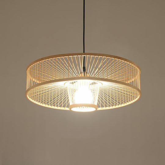 Minimalist Bamboo Single-Bulb Round Pendulum Light For Bedroom Ceiling In Wood / 19.5