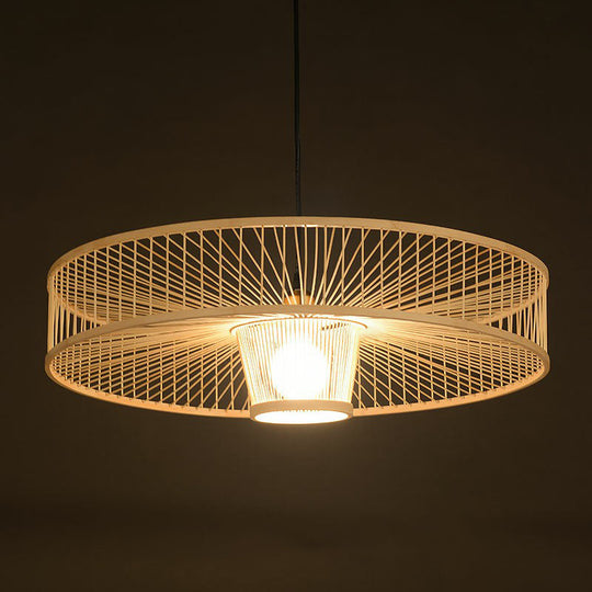 Minimalist Bamboo Single-Bulb Round Pendulum Light For Bedroom Ceiling In Wood