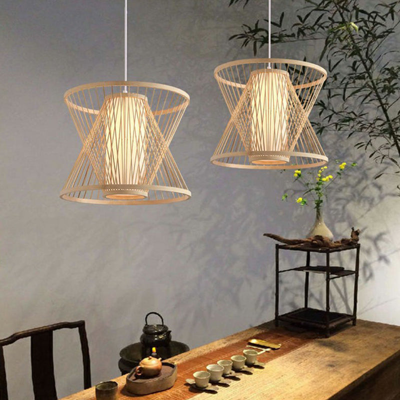 Nordic Bamboo Conical Cage Pendant Light - 1-Light Hanging Suspension for Dining Room