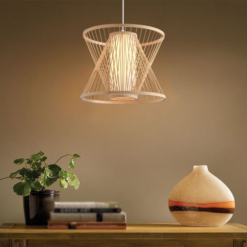 Nordic Bamboo Conical Cage Pendant Light - 1-Light Hanging Suspension for Dining Room
