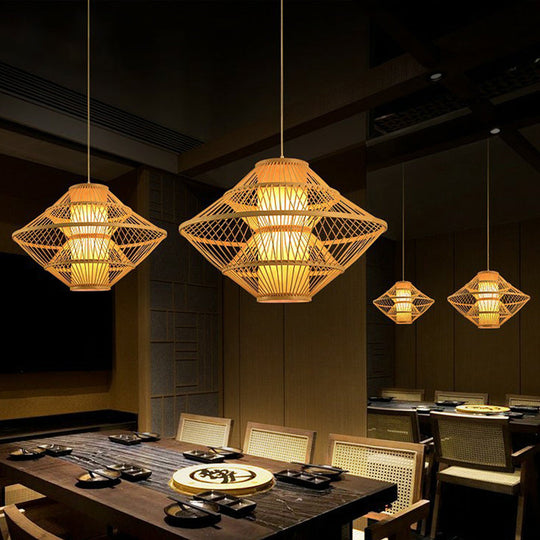 Modern Bamboo Rhombus Pendant Light Fixture For Restaurants Single Wood Ceiling Hang
