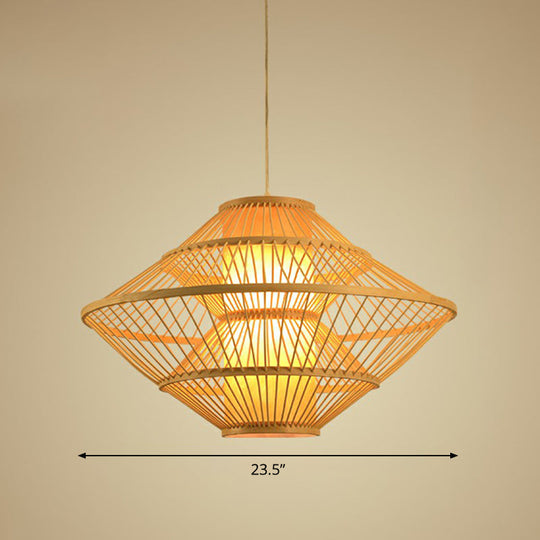 Modern Bamboo Rhombus Pendant Light Fixture For Restaurants Single Wood Ceiling Hang / 23.5