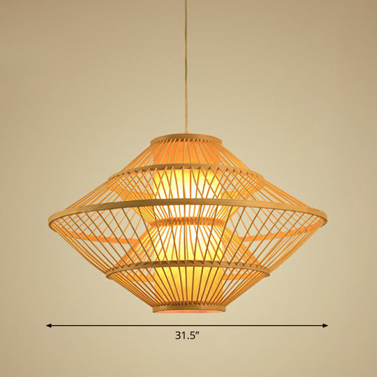 Modern Bamboo Rhombus Pendant Light Fixture For Restaurants Single Wood Ceiling Hang / 31.5
